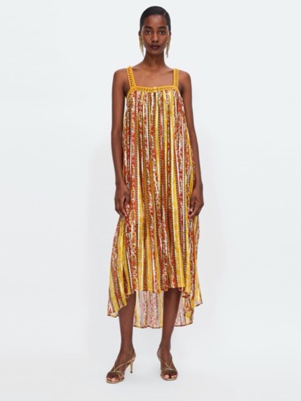 Floral Spaghetti Strap Midi Dress - Metallic Accents Crochet Straps